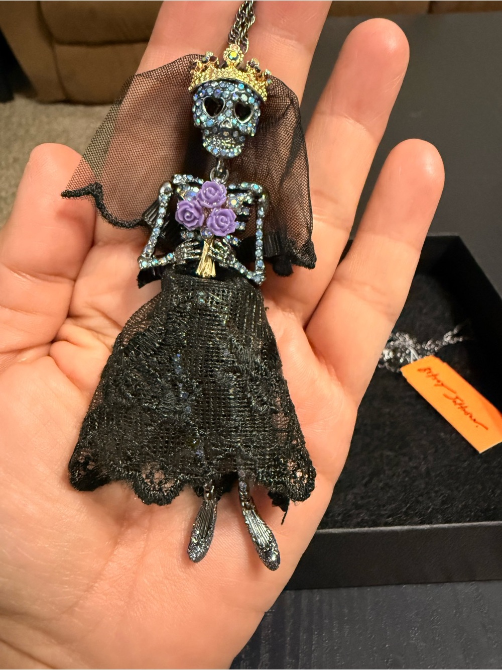 Betsey Johnson Black Skeleton Bride Necklace with Purple Roses and Gold Crown - Picture 3 of 13